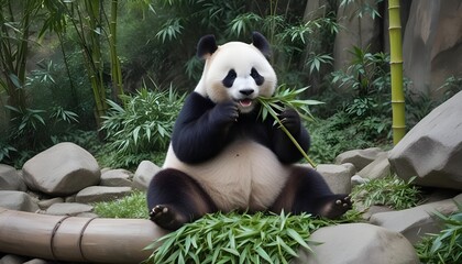 Obraz premium A cute panda sitting on a stone and eating bamboo leaves. Animal photo. Baby panda eating leaves in its natural surroundings