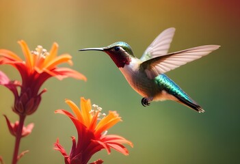 Fototapeta premium Beautiful close-up hummingbird flying near tiny flowers on a pastel smooth background