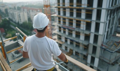A male builder on the background of an object under construction. Construction works. Workplace. A construction site. The man in the helmet