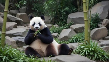 A cute panda sitting on a stone and eating bamboo leaves. Animal photo. Baby panda eating leaves in...