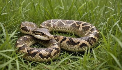 Obraz premium Snake close up. Macro photo of a snake. A dark snake hidden in the thickets of grass