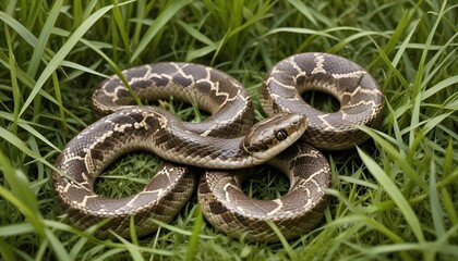 Obraz premium Snake close up. Macro photo of a snake. A dark snake hidden in the thickets of grass