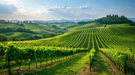 Fototapeta premium Green vineyard nestled in the countryside of Italy, with rolling hills, lush grapevines, and a clear blue sky.