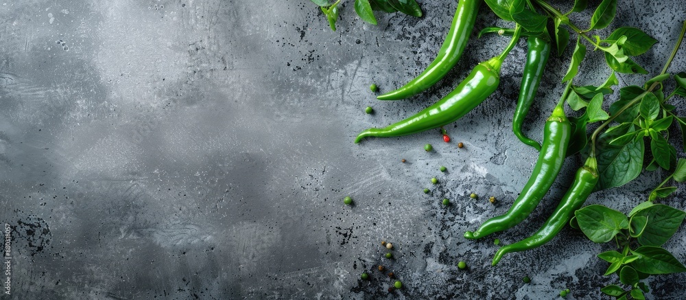 Poster an aerial shot of some green hot peppers on a pale stone backdrop with ample copy space image.