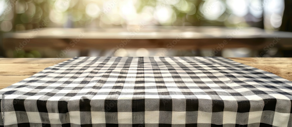 Poster wooden table with a checkered tablecloth, perfect for showcasing a copy space image.