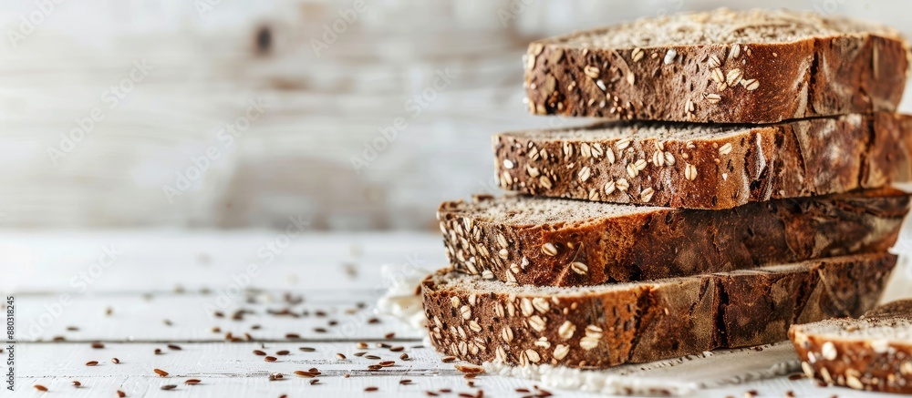 Poster rye bread with linseed on a white wooden table, providing an appealing backdrop for a copy space ima