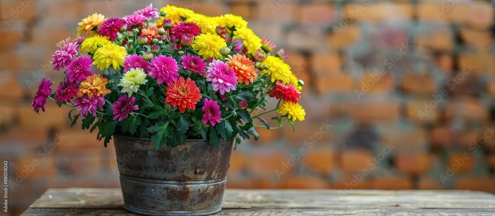 Poster pot with vibrant chrysanthemums positioned on a table against a rustic brick backdrop, creating an a