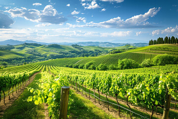 Obraz premium Green vineyard nestled in the countryside of Italy, with rolling hills, lush grapevines, and a clear blue sky.