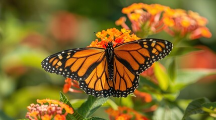 Fototapeta premium Monarch butterfly rests on a lantana flower in a field with soft blurred greenery in the background