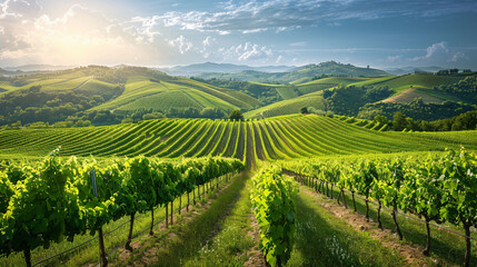 Fototapeta premium Green vineyard nestled in the countryside of Italy, with rolling hills, lush grapevines, and a clear blue sky.