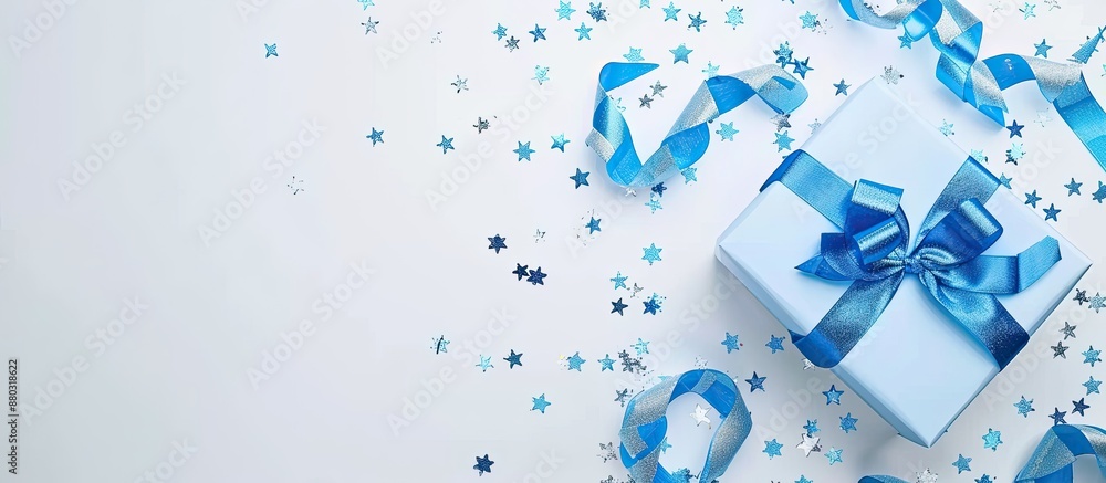 Poster blue themed birthday concept for a boy with a gift box placed on a white background in a top view fr
