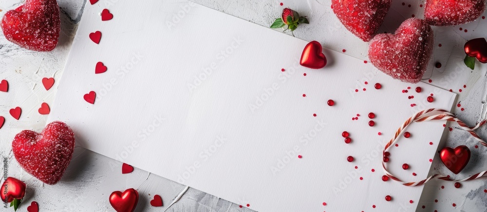 Poster valentine's day-themed flat lay on a white backdrop with red heart-shaped sweets, confetti, and an e