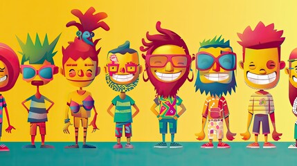 Playful cartoon characters with exaggerated features and bright colors.