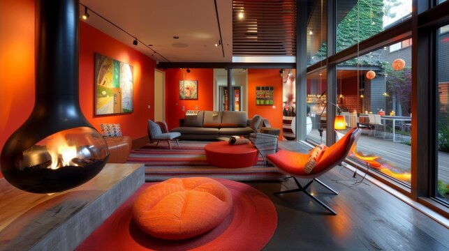 Modern living room with vibrant red accent walls