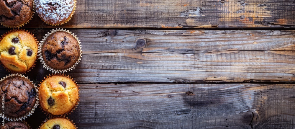 Poster delectable muffins arranged beautifully on a rustic wooden table, providing a perfect setting for a 
