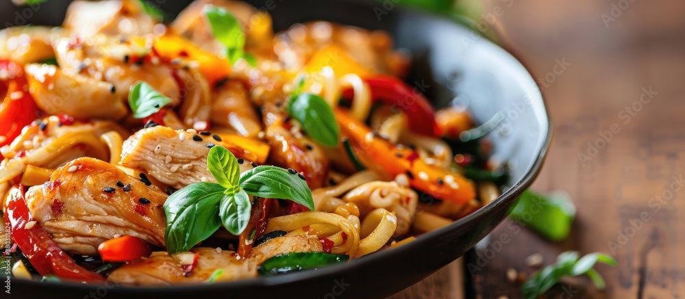 Poster close-up view of asian food in a chicken wok noodle dish with ample copy space image.