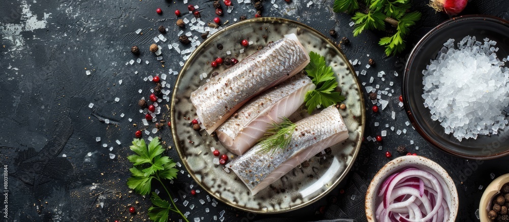Aufkleber top view of a plate with salted herring fillet, spices, and onions on a dark backdrop. rich in healt