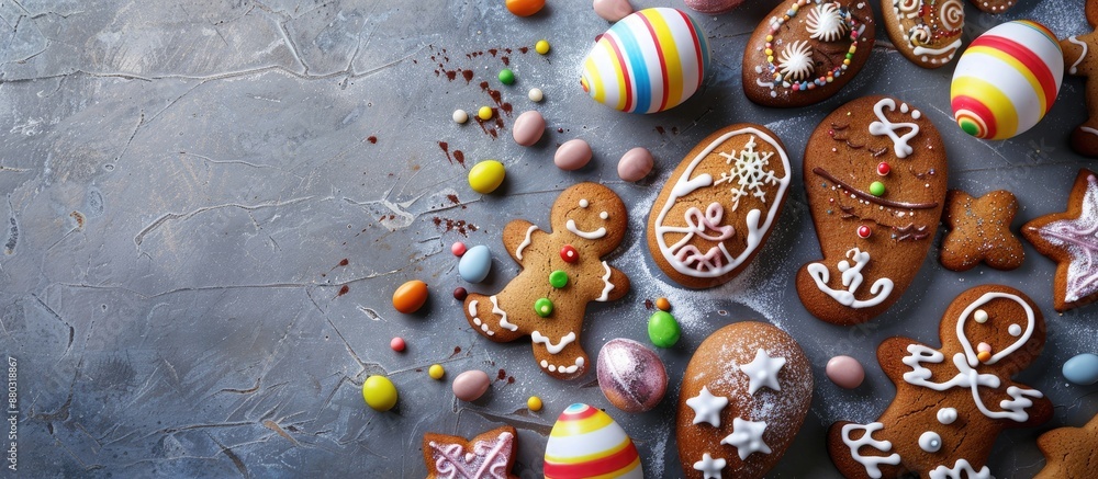 Poster top-down view of a festive easter greeting card with a variety of colorful gingerbread cookies, choc