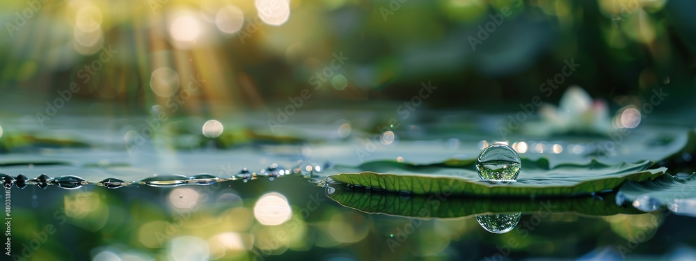 Poster drops of pure water balance on the surface of a leaf floating in calm lake water with soft, hazy sun