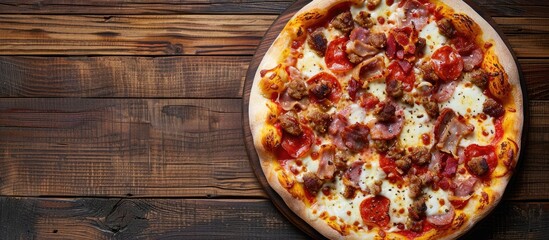 Top view of a homemade meat lovers pizza featuring bacon, sausage, and mozzarella cheese on a wooden table with copy space image.