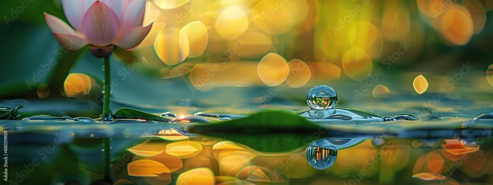 Poster drops of pure water balance on the surface of a leaf floating in calm lake water with soft, hazy sun