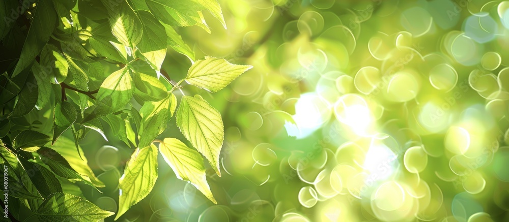 Poster sunny summer bokeh background with green leaves, perfect as a copy space image.