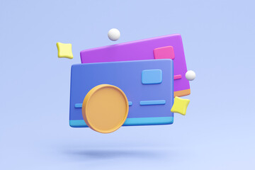 Fototapeta premium A modern 3D render showcasing the simplicity and security of credit card payments with floating elements of a credit card and coins