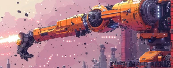 A pixel art rendition of a pixelated robot arm assembling pixelated components, its pixelated movements demonstrating precision and efficiency.