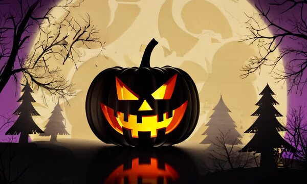 A pumpkin with a scary face is on a dark background with a full moon. Scene is spooky and eerie