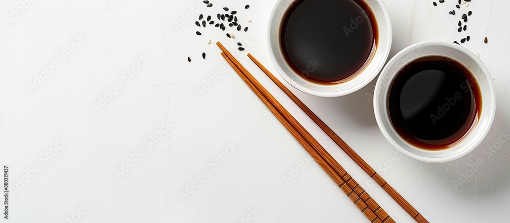 Poster a white table featuring soy sauce, chopsticks, and ample space for a caption or copy space image.