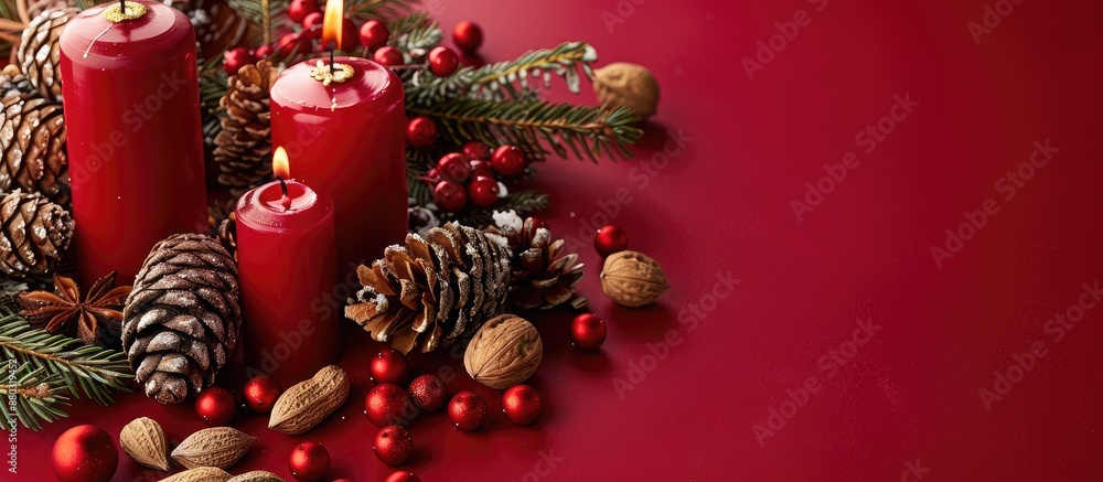 Poster christmas-themed decorations featuring candles, pine cones, and nuts on a red backdrop with a copy s