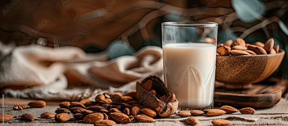 Poster Almond nut and milk neatly arranged on a table with plenty of copy space image.