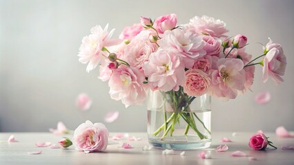 Fototapeta premium Delicate, pastel pink flowers overflowing from a transparent glass vase set against a soft, creamy white background.