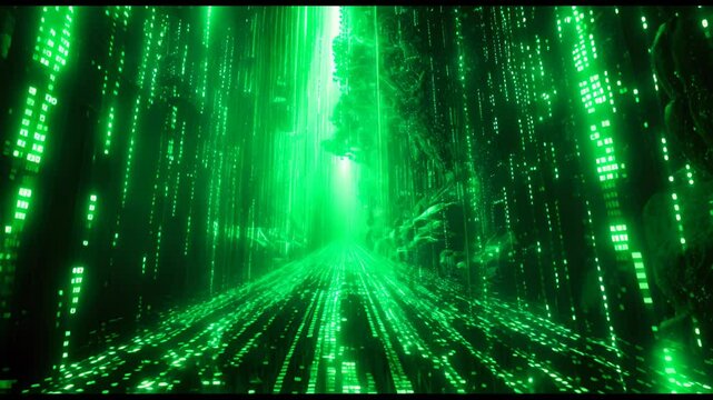 A green forest with a green path. The path is lined with green trees and the sky is blue