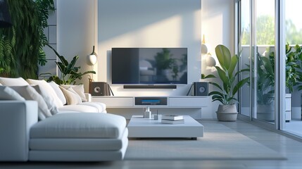 Modern living room interior with natural light and plants