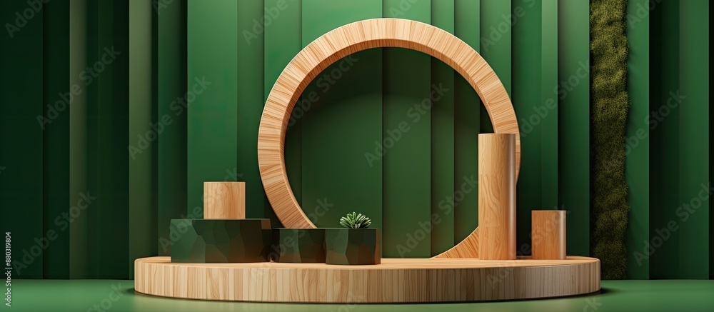 Poster circular wooden saw-cut cylinder shape on a green abstract backdrop with a minimalist box and geomet