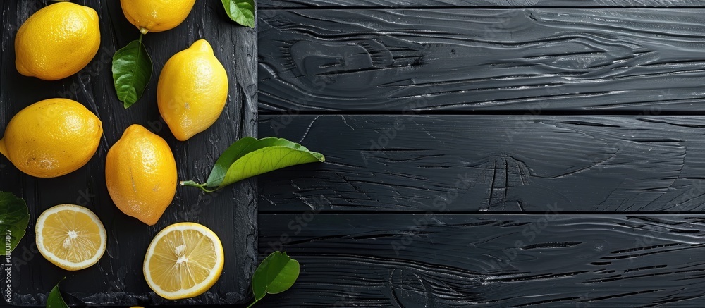 Poster a black wooden board features fresh lemons, creating a rustic charm with copy space image.