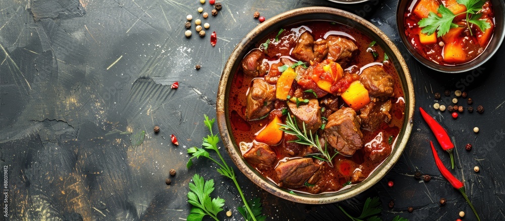 Poster indian-style lamb curry in a bowl with copy space image on a table.