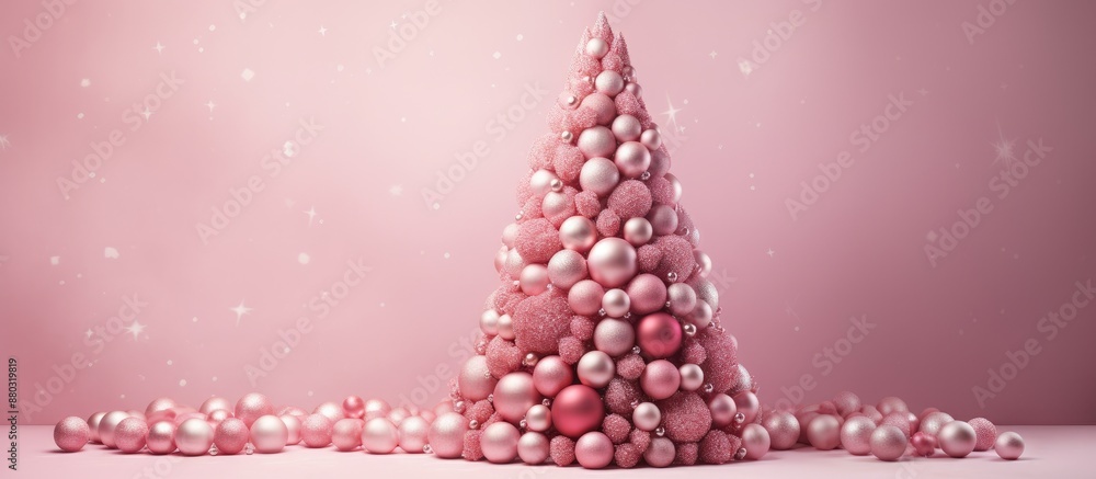 Poster pink christmas tree made of balls on a pink table with a festive background, offering a new year sal