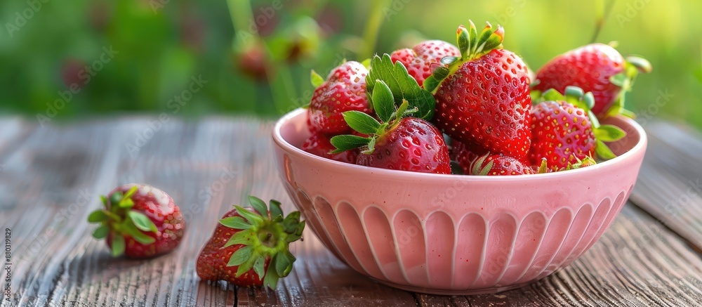 Poster Selective focus is applied to a pink bowl brimming with fresh strawberries placed on a wooden table, creating a visually appealing copy space image.
