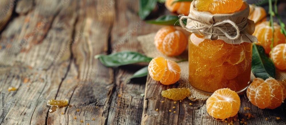 Poster rustic background featuring homemade tangerine fruit preserve with copy space image.