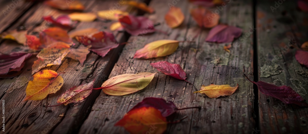 Poster an autumn-themed scene featuring colorful leaves scattered across a vintage wooden table with ample 