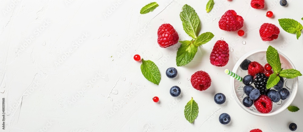 Poster a refreshing summer drink with mint, berries, and a straw, placed on a white background with room fo