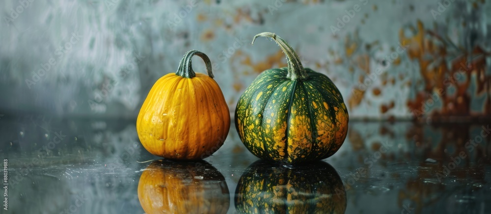 Poster Two squash displayed on a granite surface with a reflection, offering a visually appealing copy space image.