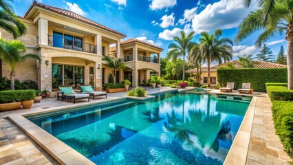 Luxurious turquoise swimming pool surrounded by sun-kissed travertine deck and lush greenery in a grandiose mansion's backyard oasis.