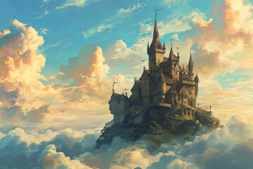 A castle in the sky with billowing clouds overhead, A whimsical fairytale castle in the clouds, AI generated