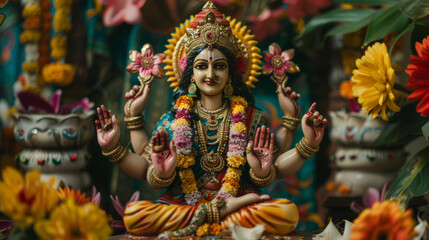 Fototapeta premium A detailed statue of Durga, the Hindu goddess of power, surrounded by flowers during Navaratri celebrations in India