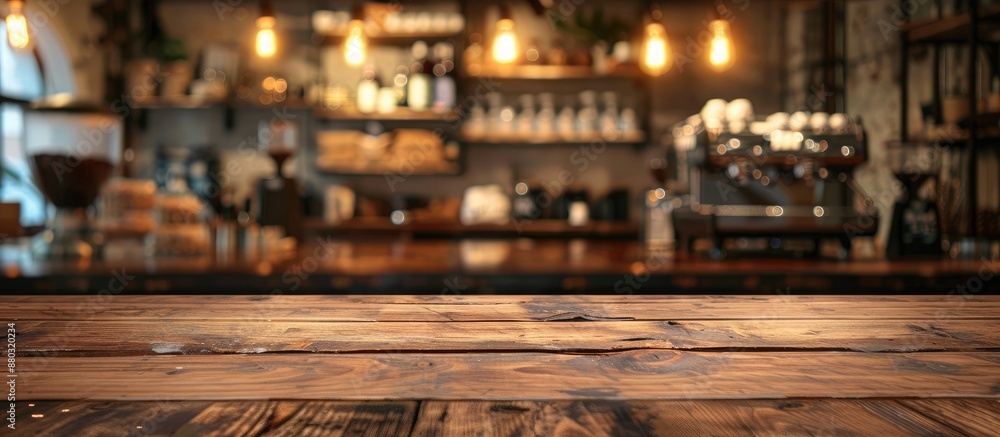 Poster create a product display montage using an empty brown wooden table as the focal point with a blurred