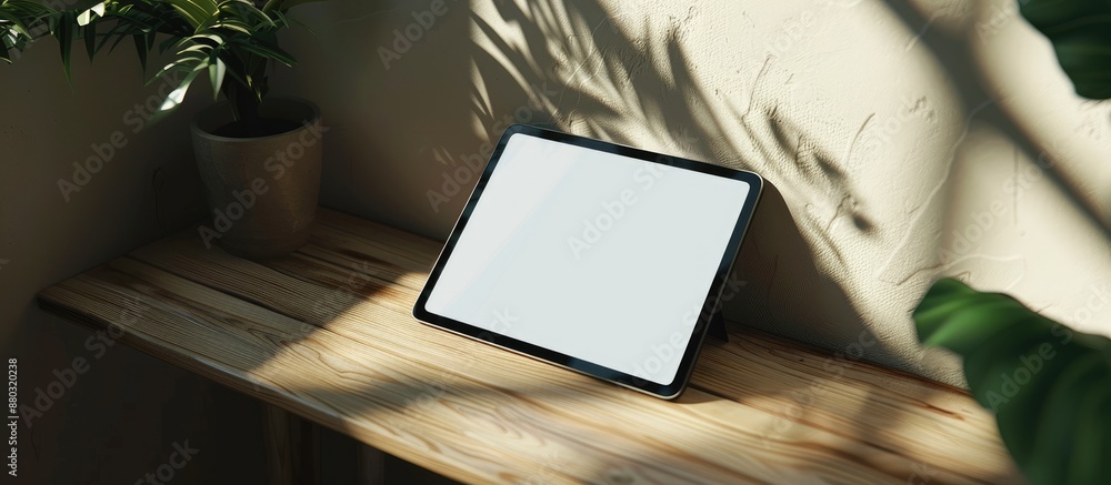 Sticker Digital tablet mockup with a white screen template placed on a corner of a table, set in natural lighting and shadow, ideal for copy space image.