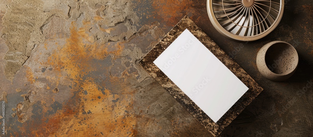 Fototapete top view of a modern business card mockup on a granite surface next to a fan on a brown grunge backg